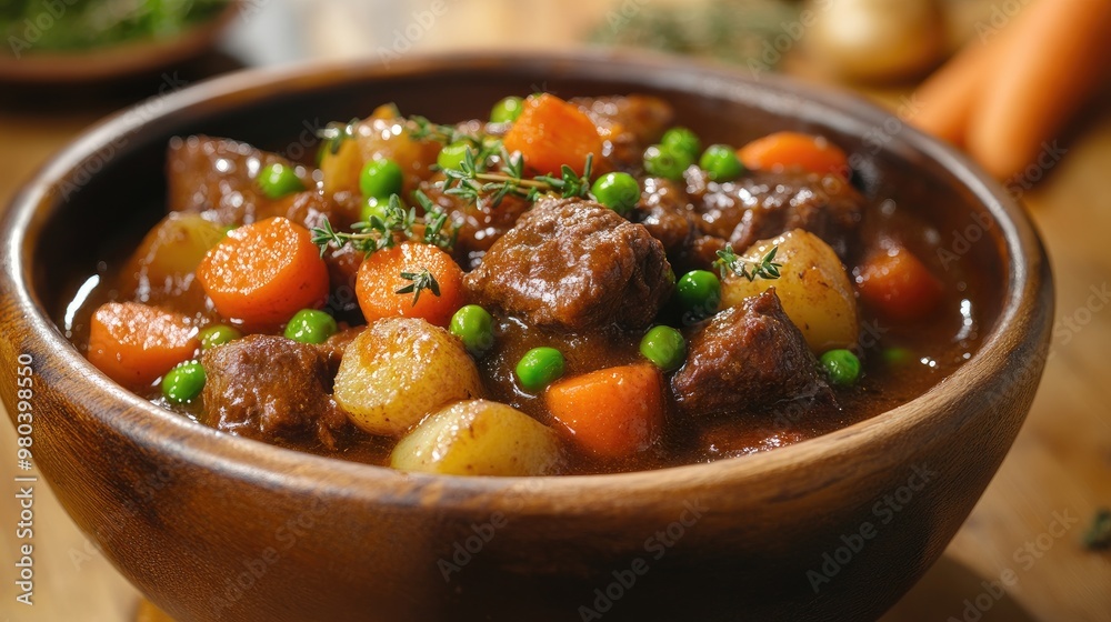 A hearty beef stew with carrots, potatoes, and peas, served in a rustic bowl. A hearty beef stew with carrots, potatoes, and peas, served in a rustic bowl.