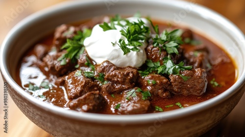 A hearty beef goulash stew, served with a dollop of sour cream and parsley garnish.