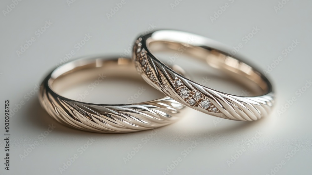 Two elegant wedding rings with intricate designs and diamonds. Two elegant wedding rings with intricate designs and diamonds.
