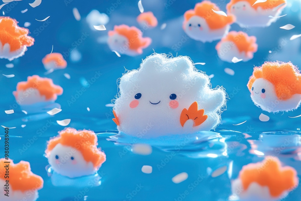 Cute Cloud Floating in Blue Water with Orange Fish Cute Cloud Floating in Blue Water with Orange Fish