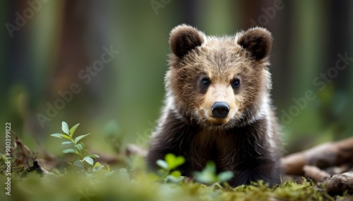 Adorable Eurasian Brown Bear Cub Exploring a Forest Environment