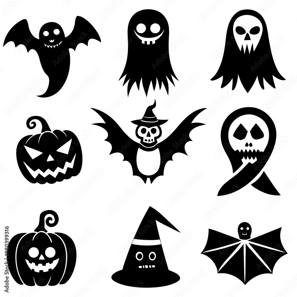 Obraz premium Halloween collection - Jack o'lantern, ghosts, spiders, broomstick, bats, witch hat, spiderweb black silhouettes. Illustration on transparent background
