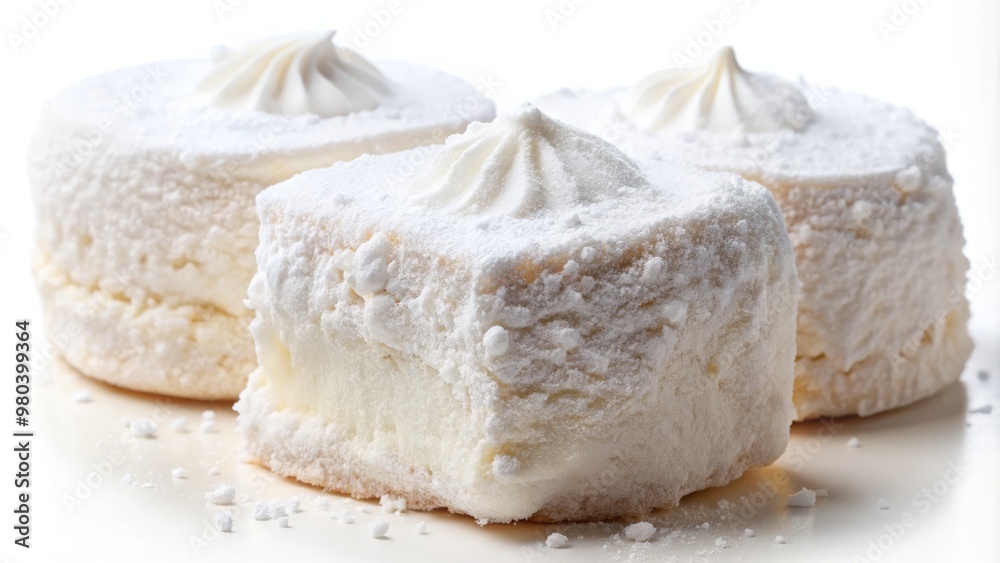 Fluffy marshmallow dessert with a dusting of confectioner's sugar, isolated on a white background Fluffy marshmallow dessert with a dusting of confectioner's sugar, isolated on a white background