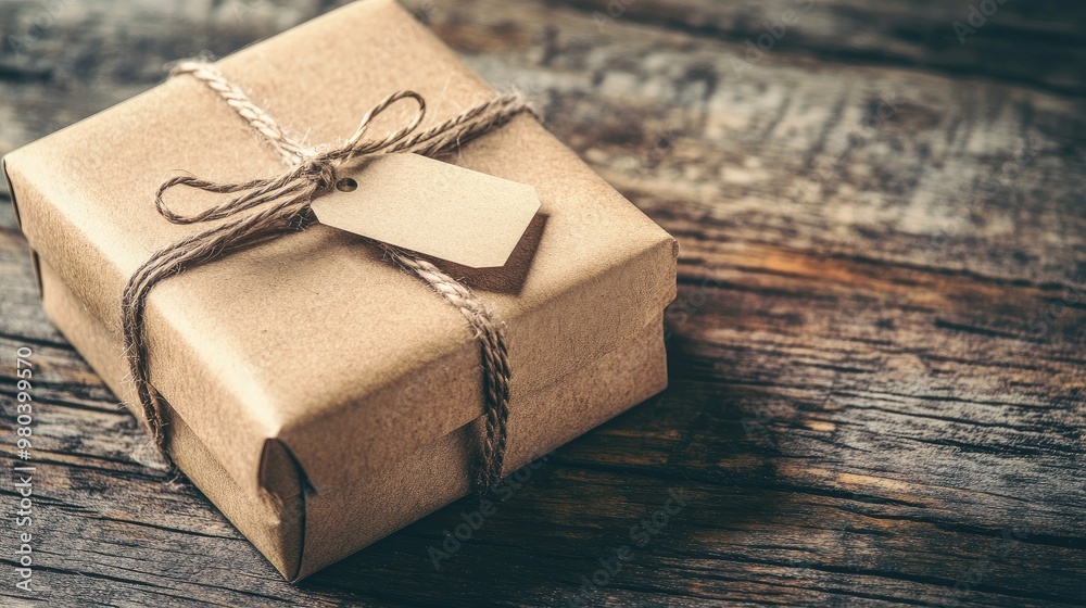 A minimalist brown gift box tied with twine and a small gift tag, resting on a wooden table. A minimalist brown gift box tied with twine and a small gift tag, resting on a wooden table.