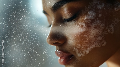 A woman is gently applying a cooling facial mist to her face, tiny droplets glistening on her skin, enhancing her skincare routine in a serene indoor setting