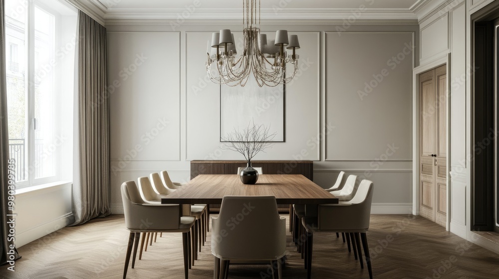 Fototapeta premium A modern dining room with a wooden table, elegant chairs, and a chandelier hanging above.