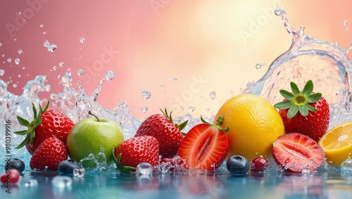 Fresh mix fruit with water splashing