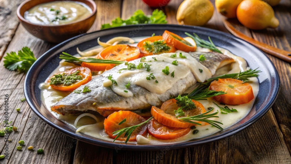 Fresh cod, delicately flavored with sautéed carrots and onions, is paired with a bright and tangy dill sauce, Fresh cod, delicately flavored with sautéed carrots and onions, is paired with a bright and tangy dill sauce,