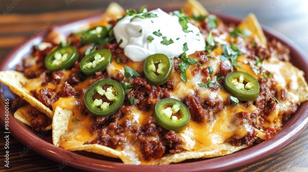 A plate of spicy beef nachos topped with j melted cheese, and sour cream A plate of spicy beef nachos topped with j melted cheese, and sour cream