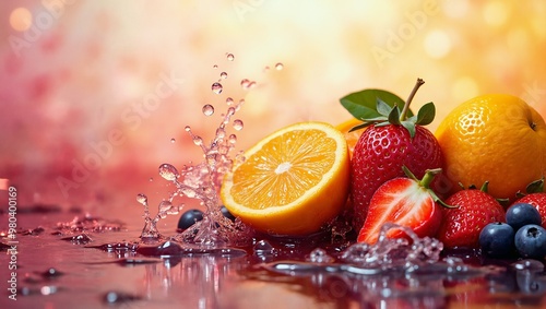 Fresh Fruit Splash - Orange, Strawberry, and Blueberry in a Water Droplet Explosion