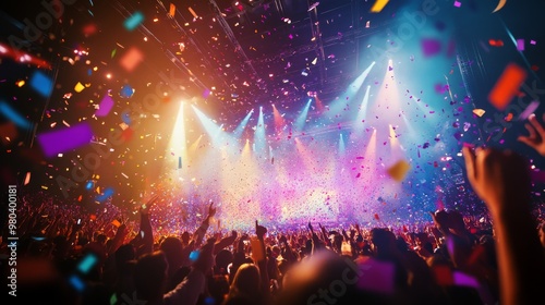 The concert stage is illuminated with vibrant multicolored lights, while confetti showers the excited crowd, capturing a lively moment of celebration
