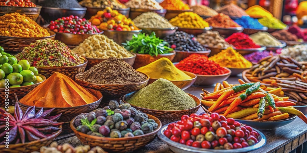 Fototapeta premium Vibrant street market scene bursting with colorful fruits, exotic spices, and savory dishes from around the world, showcasing global culinary diversity and tantalizing aromas.
