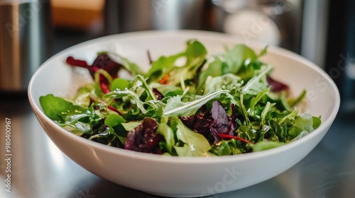 A sleek, modern white bowl filled with fresh greens and a light vinaigrette dressing.