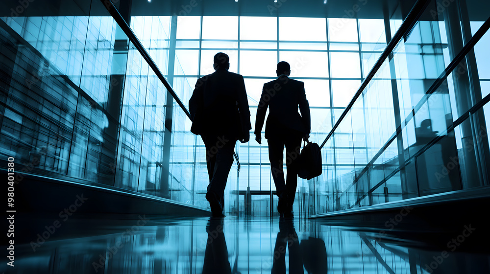 Business people professionals stands in silhouette against a cityscape with towering skyscrapers Business people professionals stands in silhouette against a cityscape with towering skyscrapers