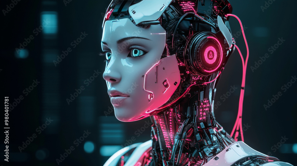 Cyborg or robot with protruding wires immersed in a stream of digital data. Stunning female cybernetic humanoid with artificial intelligence. Automaton or machine with AI handling data processing. Cyborg or robot with protruding wires immersed in a stream of digital data. Stunning female cybernetic humanoid with artificial intelligence. Automaton or machine with AI handling data processing.