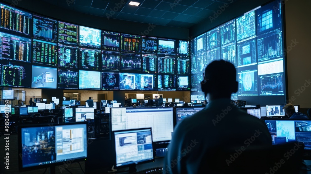 A professional network operations center is busy analyzing various data charts and security alerts displayed across numerous screens. Operators are focused on maintaining system integrity A professional network operations center is busy analyzing various data charts and security alerts displayed across numerous screens. Operators are focused on maintaining system integrity