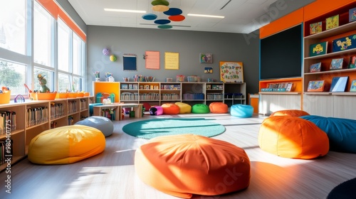 A special education classroom features bright, colorful furniture set up in flexible seating configurations, promoting an engaging learning environment for students photo