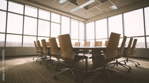 A professional setting features a long wooden conference table surrounded by sleek chairs, illuminated by natural light through large windows, creating an inviting atmosphere