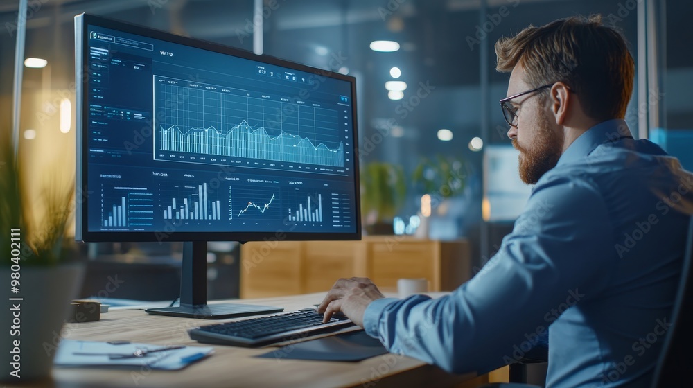 A manager focuses on a large computer screen displaying various performance metrics, analyzing data closely while seated at a desk in a contemporary office environment A manager focuses on a large computer screen displaying various performance metrics, analyzing data closely while seated at a desk in a contemporary office environment