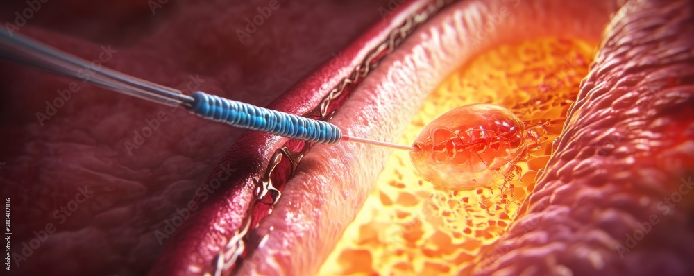 Angioplasty procedure showing the balloon catheter in a narrowed artery ...
