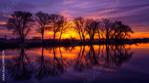 Tranquil Landscape at Dusk with Silhouetted Trees and Reflective Water in Warm Sunset Hues