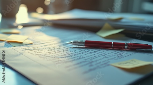 An editor focuses on a printed manuscript, marking corrections with a red pen while surrounded by colorful sticky notes in a sunlit workspace photo