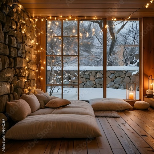 A cozy room featuring a bed beside a warm fireplace, illuminated by soft lights, creating a welcoming atmosphere.