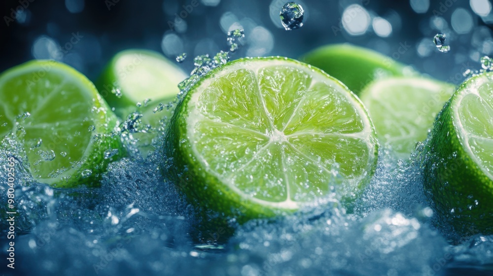 Refreshing Citrus Delight: Sliced Limes in Ice-Cold Sparkling Water - 3D Illustration Refreshing Citrus Delight: Sliced Limes in Ice-Cold Sparkling Water - 3D Illustration