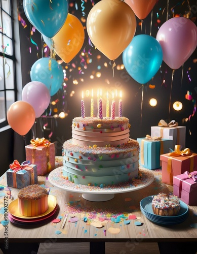 Mesa festiva decorada con un gran pastel de cumpleaños en el centro, rodeado de regalos envueltos en papeles coloridos, globos flotando alrededor y serpentinas colgando del techo.