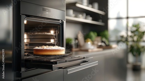 A freshly baked cake cooling in a modern oven, showcasing sleek kitchen design and inviting atmosphere. photo