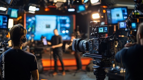 Television cameras are set up to capture a guest speaker addressing an audience in a commercial studio, highlighting the dynamic atmosphere of the live event photo