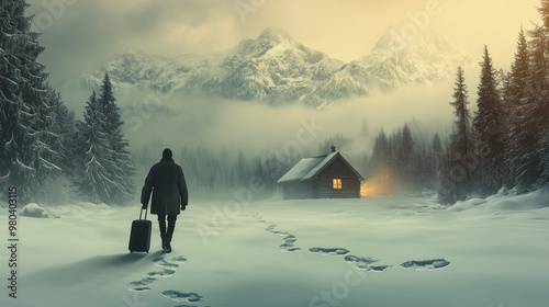 Traveler Walking Through Snow Towards Cozy Cabin in Winter Landscape