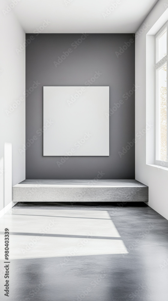Modern minimalist interior with empty canvas in a sunlit room showcasing simplicity and clean lines Modern minimalist interior with empty canvas in a sunlit room showcasing simplicity and clean lines