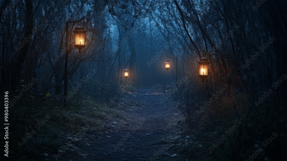 A path winds through a dark and foggy forest. The path is lit by four lanterns hanging from trees, casting a warm glow on the ground A path winds through a dark and foggy forest. The path is lit by four lanterns hanging from trees, casting a warm glow on the ground