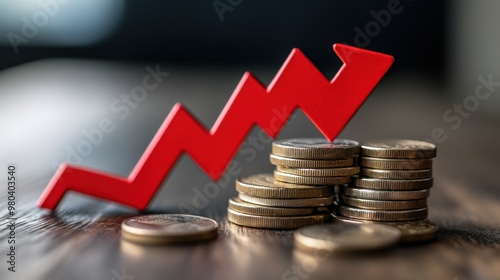 A stack of coins with a red downward arrow shows an interest rate chart, representing the economy, finance, savings, and money circulation.