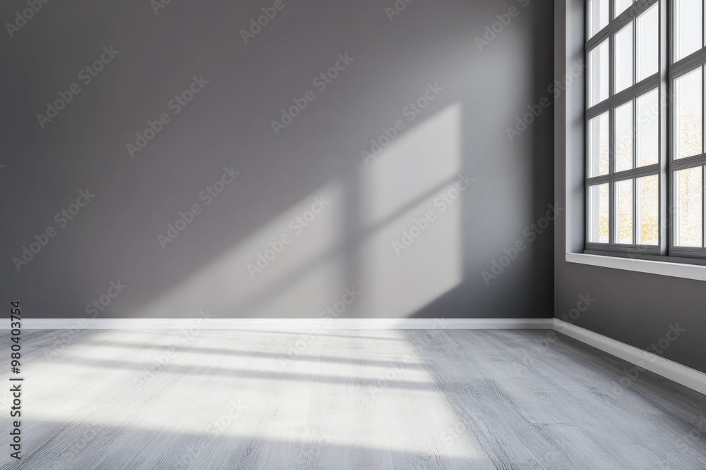 Sunlight casting shadows in a minimalistic gray room with large windows revealing a bright atmosphere