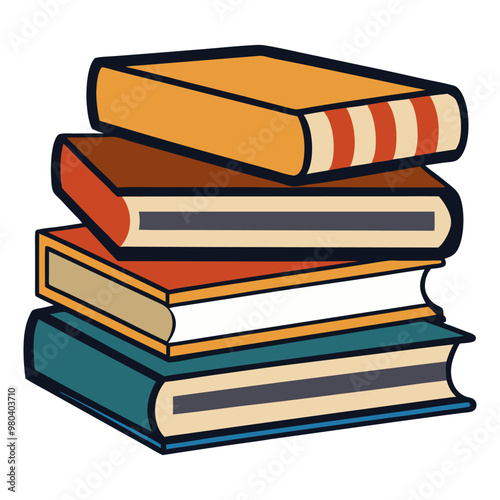 Collection of High book stacks and piles of hardcover books vector illustration, vector art of  Multi-colored Stack of textbooks open book on the top.