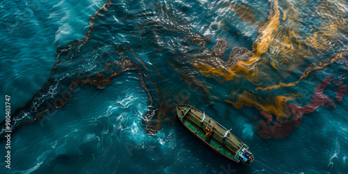 Traditional Boat Floating on Vibrant Oil Spill Waters