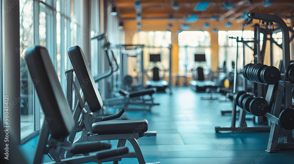 Fototapeta premium Empty Sport gym interior with Exercise equipment is neatly arranged, bathed in natural light 