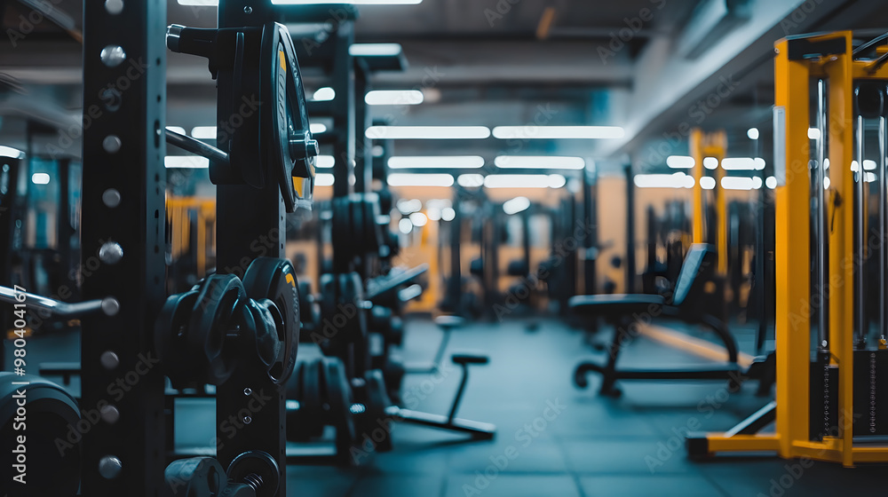 Fototapeta premium Empty Sport gym interior with Exercise equipment is neatly arranged, bathed in natural light 