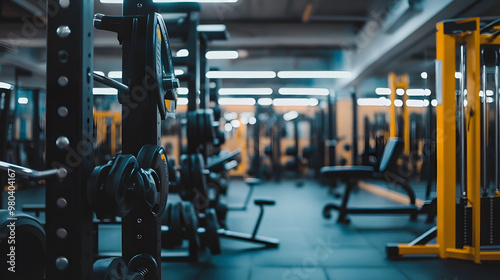 Empty Sport gym interior with Exercise equipment is neatly arranged, bathed in natural light 