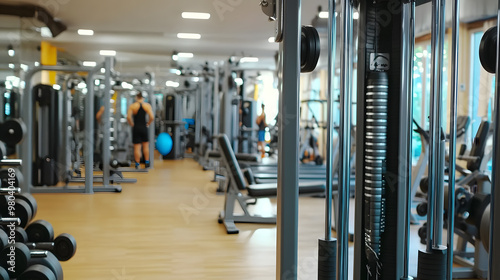 Empty Sport gym interior with Exercise equipment is neatly arranged, bathed in natural light 