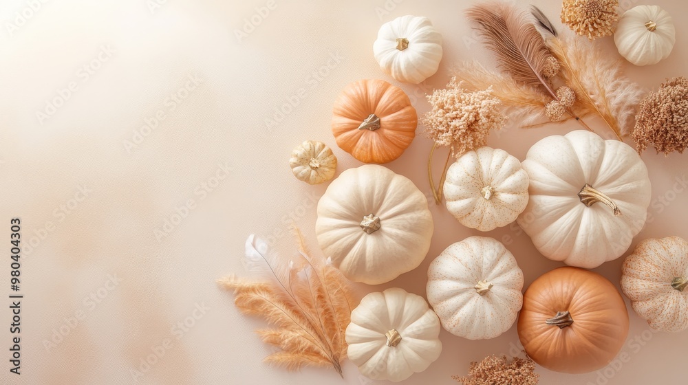 A collection of minimalistic pumpkins in beige and brown tones is beautifully arranged on a pastel-colored surface, creating an autumn aesthetic suitable for seasonal decor A collection of minimalistic pumpkins in beige and brown tones is beautifully arranged on a pastel-colored surface, creating an autumn aesthetic suitable for seasonal decor
