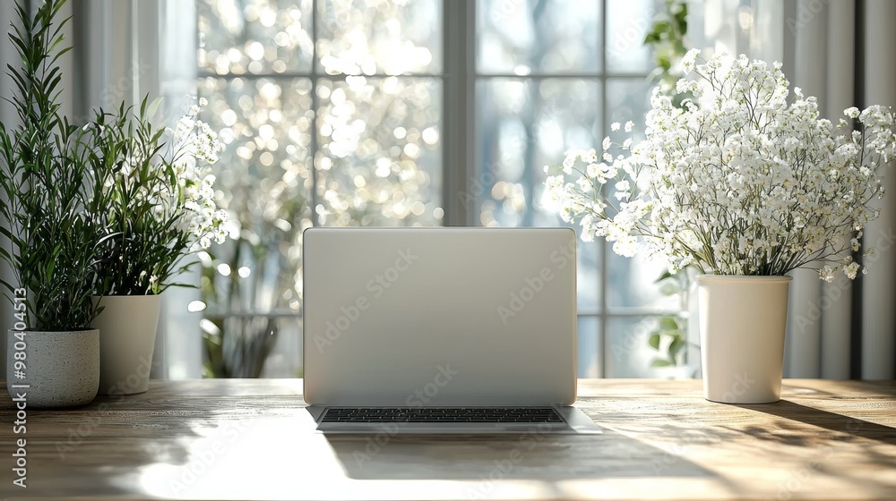Fototapeta premium Laptop on Wooden Table with White Flowers and Plants in Sunlit Room