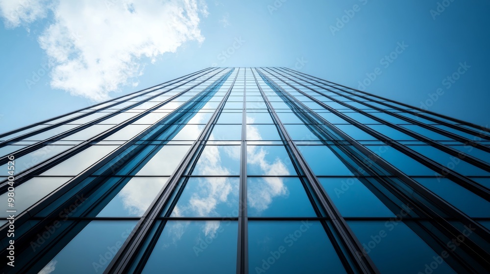 This tall modern building showcases minimalist architecture with its sleek glass windows, reflecting the blue sky and clouds above in an urban setting This tall modern building showcases minimalist architecture with its sleek glass windows, reflecting the blue sky and clouds above in an urban setting