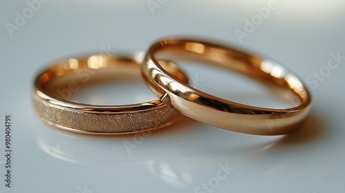 Two elegant rose gold wedding bands on a smooth surface.