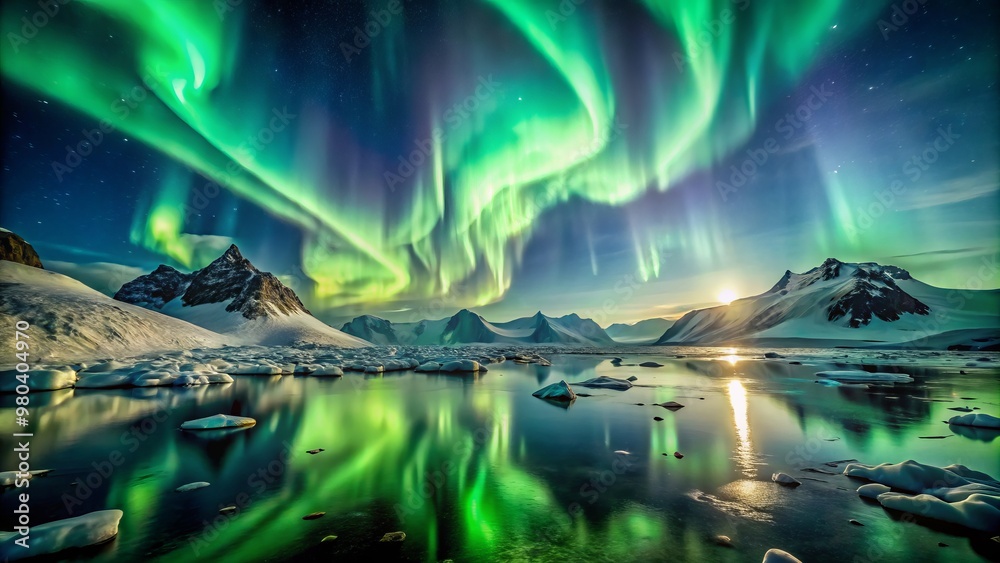 Mesmerizing green aurora borealis dancing in the night sky over icy Greenland mountains Mesmerizing green aurora borealis dancing in the night sky over icy Greenland mountains