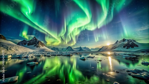 Mesmerizing green aurora borealis dancing in the night sky over icy Greenland mountains