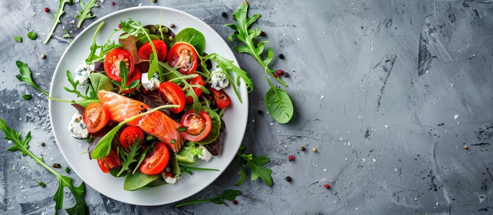 Appetizing Salad With Tomatoes Salmon Anchovies And Cream Cheese In A White Plate Concrete Background Appetizing Salad With Tomatoes Salmon Anchovies And Cream Cheese In A White Plate Concrete Background