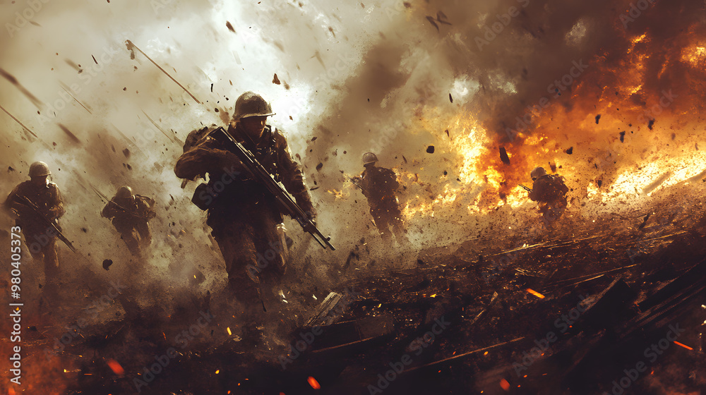 A dramatic war battle scene with soldiers in trenches, explosions ...